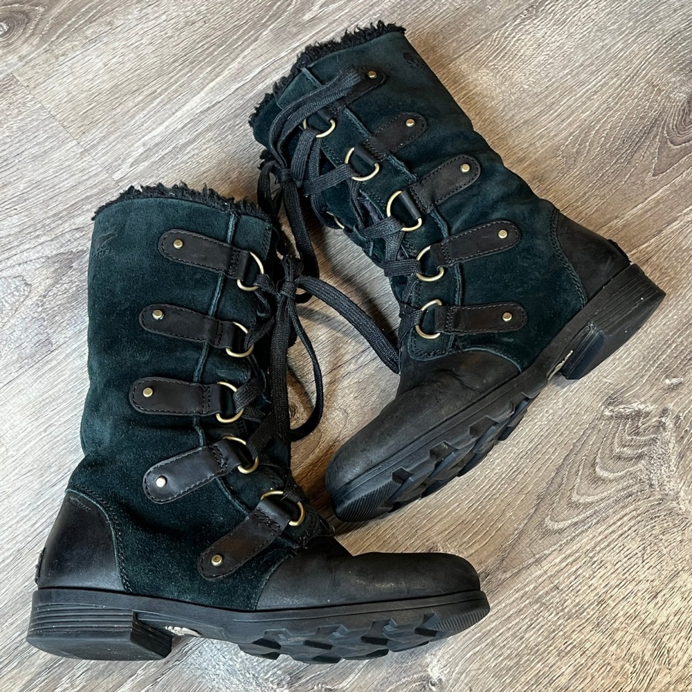 Sorel Emelie Lace Black Suede Leather Waterproof Winter Boots Womens 7 NL2680